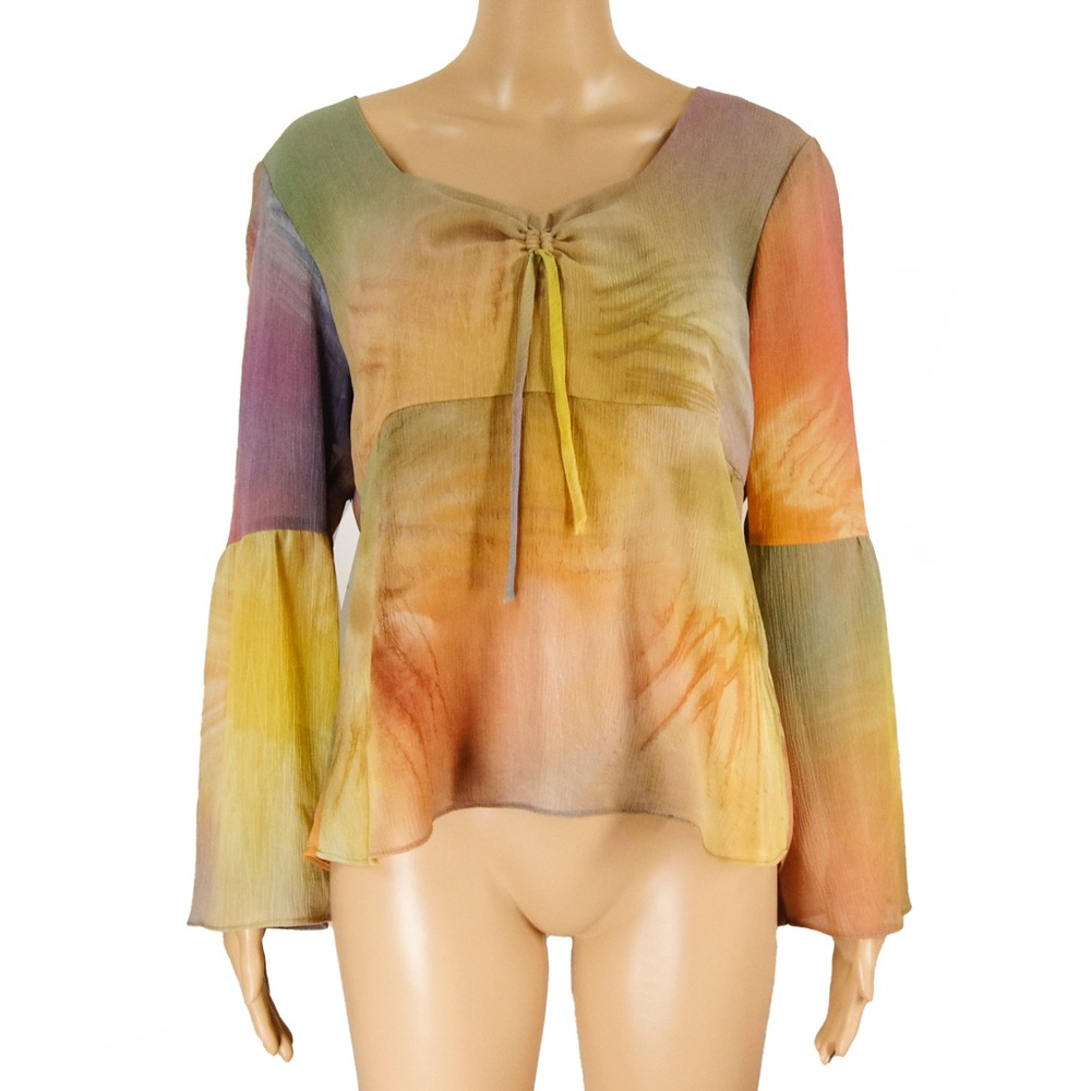 Vintage 90s Y2K Tie-Dye Boho Peasant Top Bell Sleeve Sheer Hippie Festival Shirt